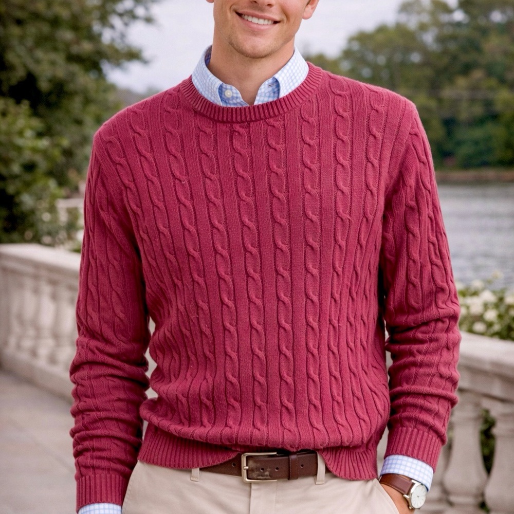 American Blue Cable Knit Sweater Burgundy Cotton Men’s L Preppy Country Club